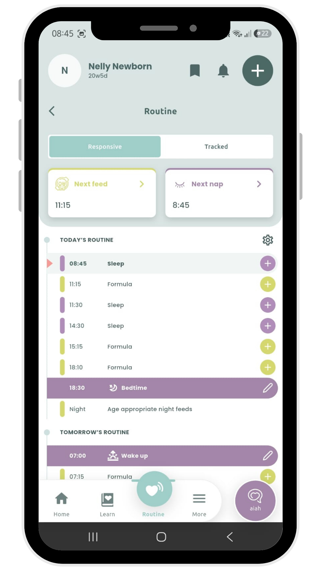 Parent Sense app screen showing today's routine with next feed and next nap times
