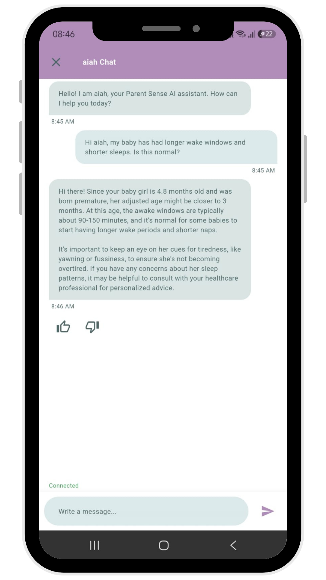 aiah, our expert AI assistant, in the Parent Sense app answering a question about a baby's wake windows