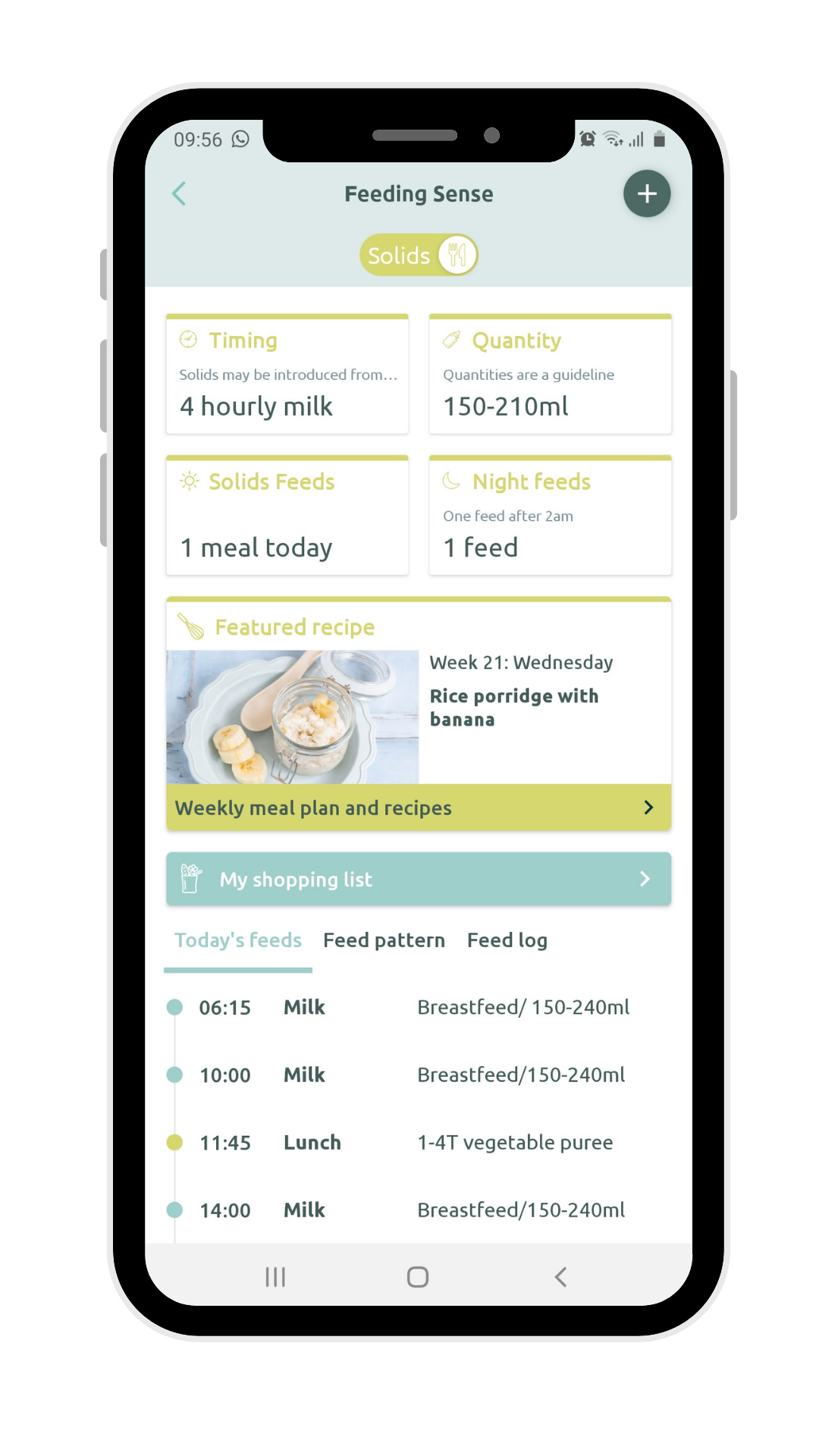 Parent Sense app Feeding Sense screen showing solid feeds, quantities and the weekly meal plan