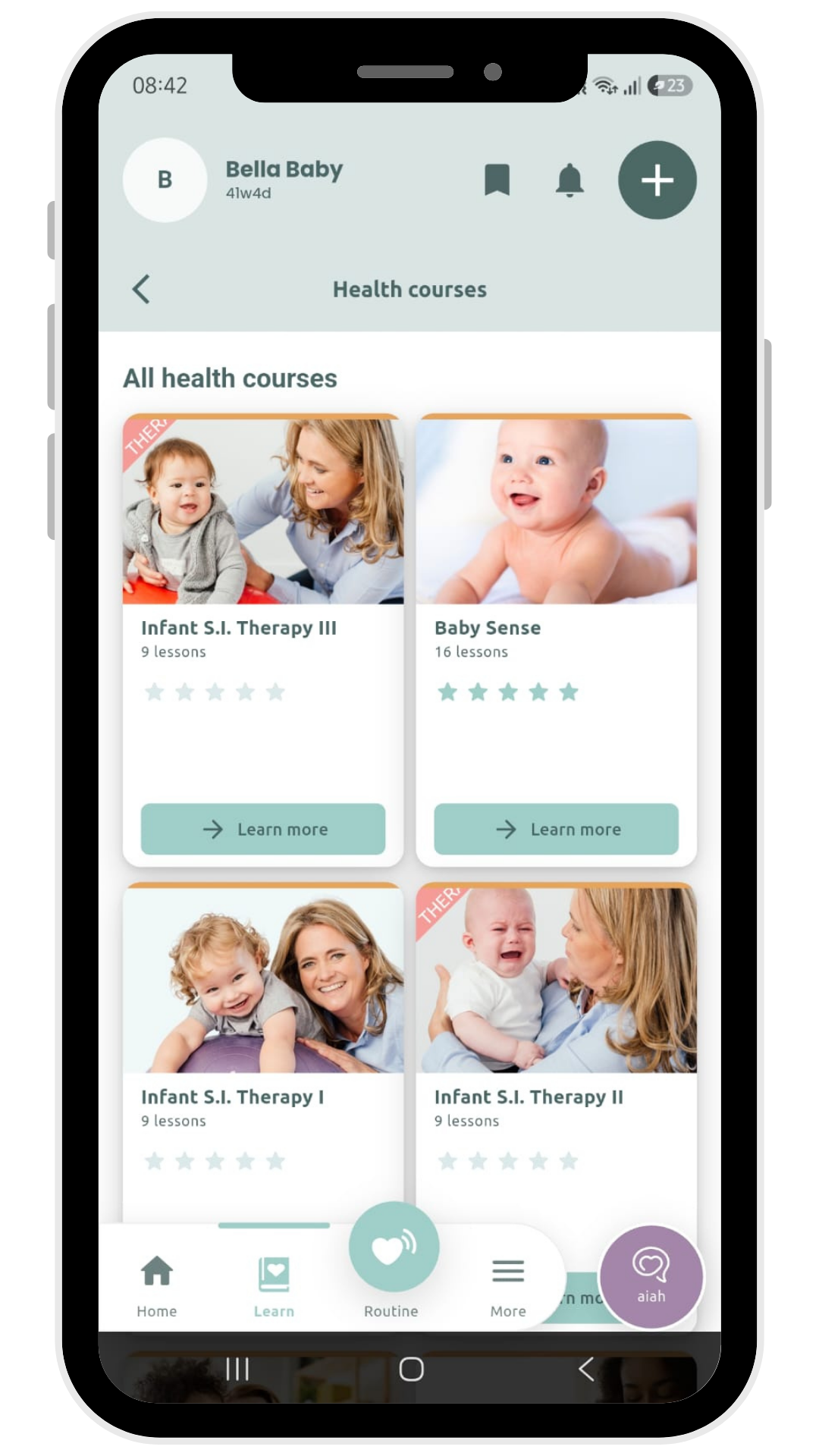 Parent Sense app screen showing all health courses