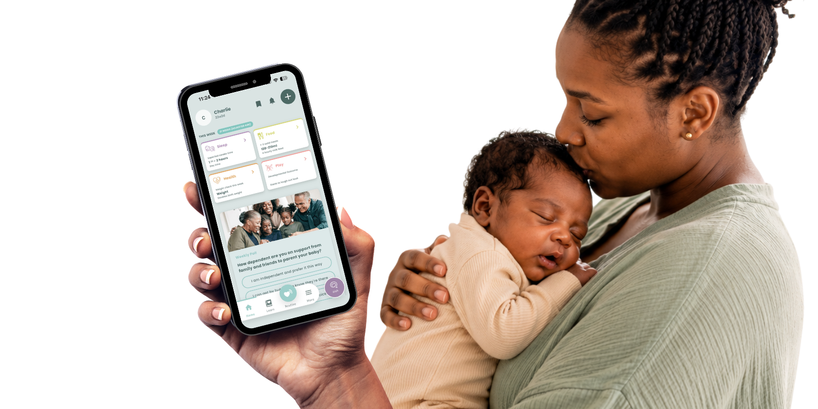 A parent holding a phone showing the Parent Sense app while kissing their baby's head